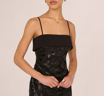Faux Leather Cut Lace Midi Sheath Dress In Black