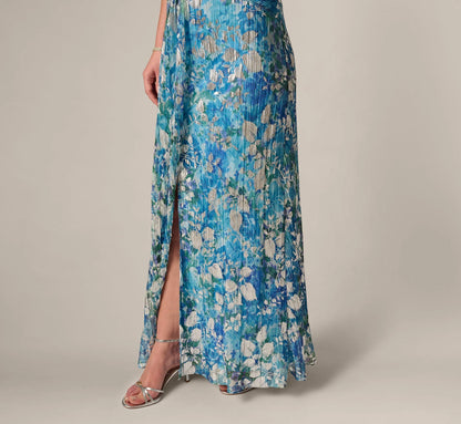 Flutter Sleeve Crinkle Foil Floral Gown In Blue Multi