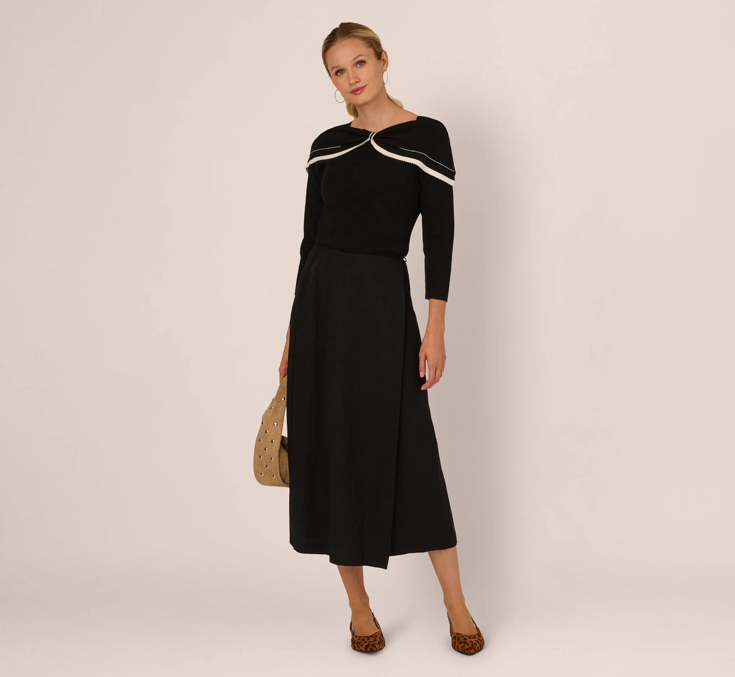 Off Shoulder Bow Collar Sweater In Black Ivory