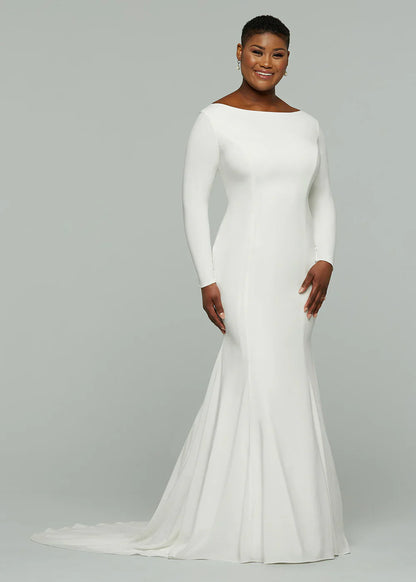 CHIFFON MERMAID WEDDING DRESS WITH BATEAU NECKLINE AND LONG SLEEVES