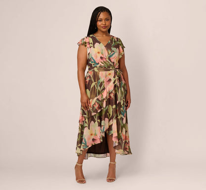 Plus Size Flutter Sleeve High Low Midi Wrap Dress In Brown Multi