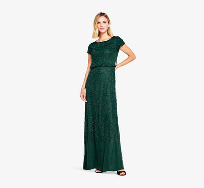 Short Sleeve Beaded Blouson Gown In Dusty Emerald