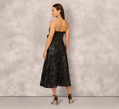 Strapless Satin Beaded Midi Gown In Black