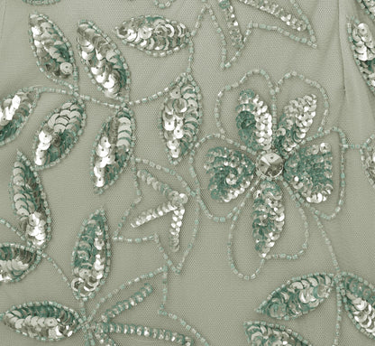 Floral Beaded Godet Cape Gown In Aqua Dust