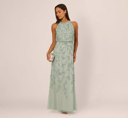 Sleeveless Blouson Mermaid Gown With Jasmine Beading In Aqua Dust
