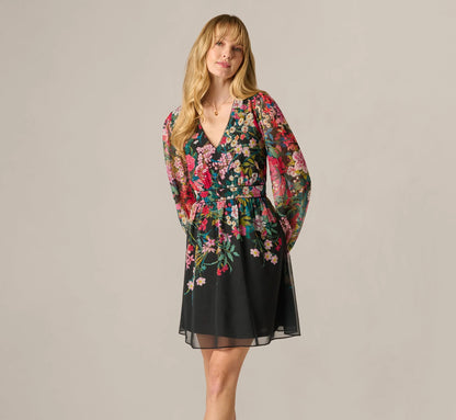 Long Sleeve Wildflower Print Short Dress In Black Multi