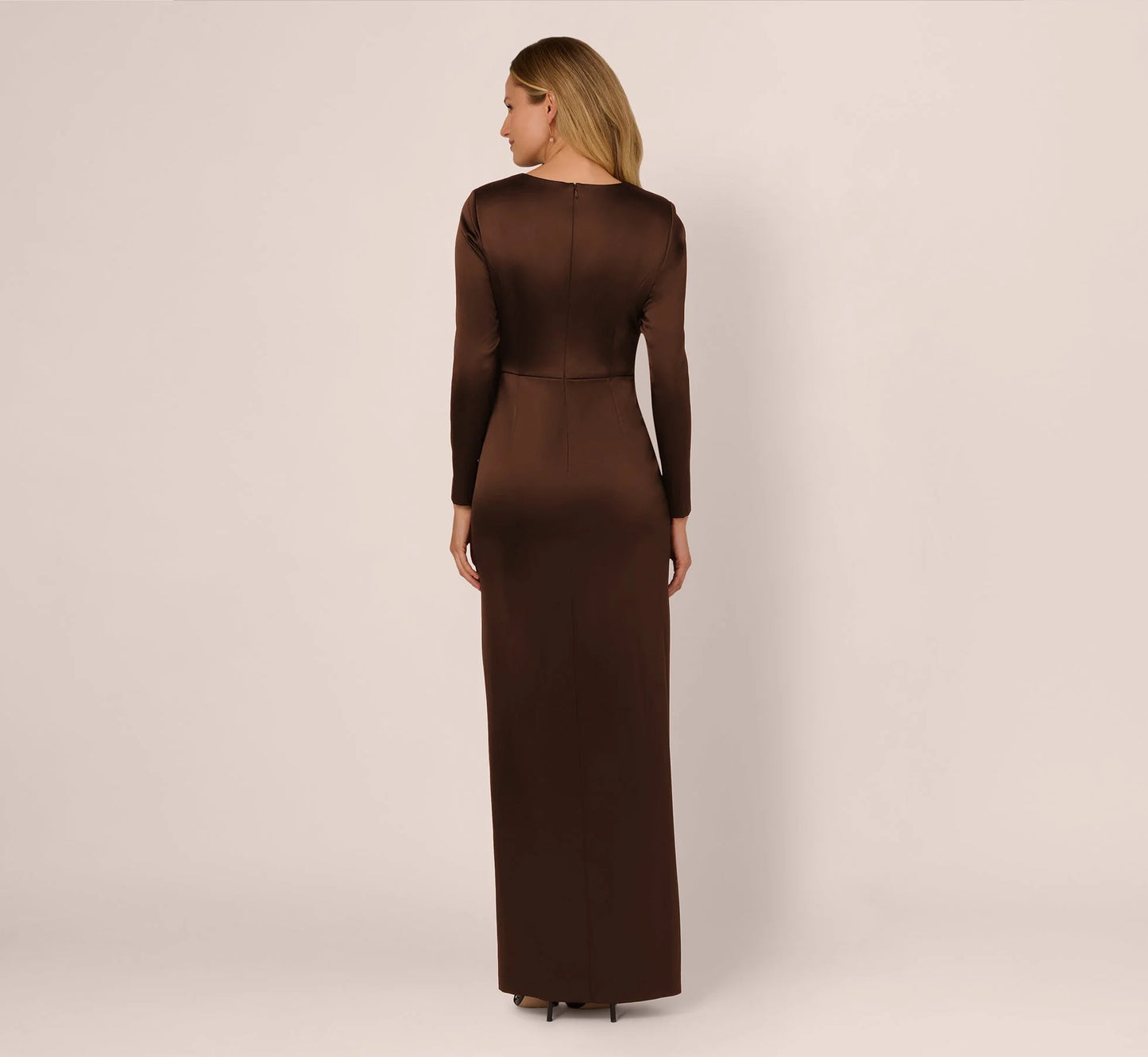 Long Sleeve Satin Bow Gown In Chocolate