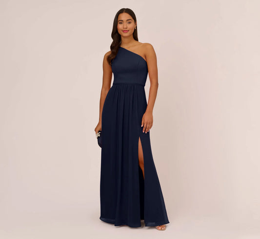One Shoulder Chiffon Long Gown In Midnight