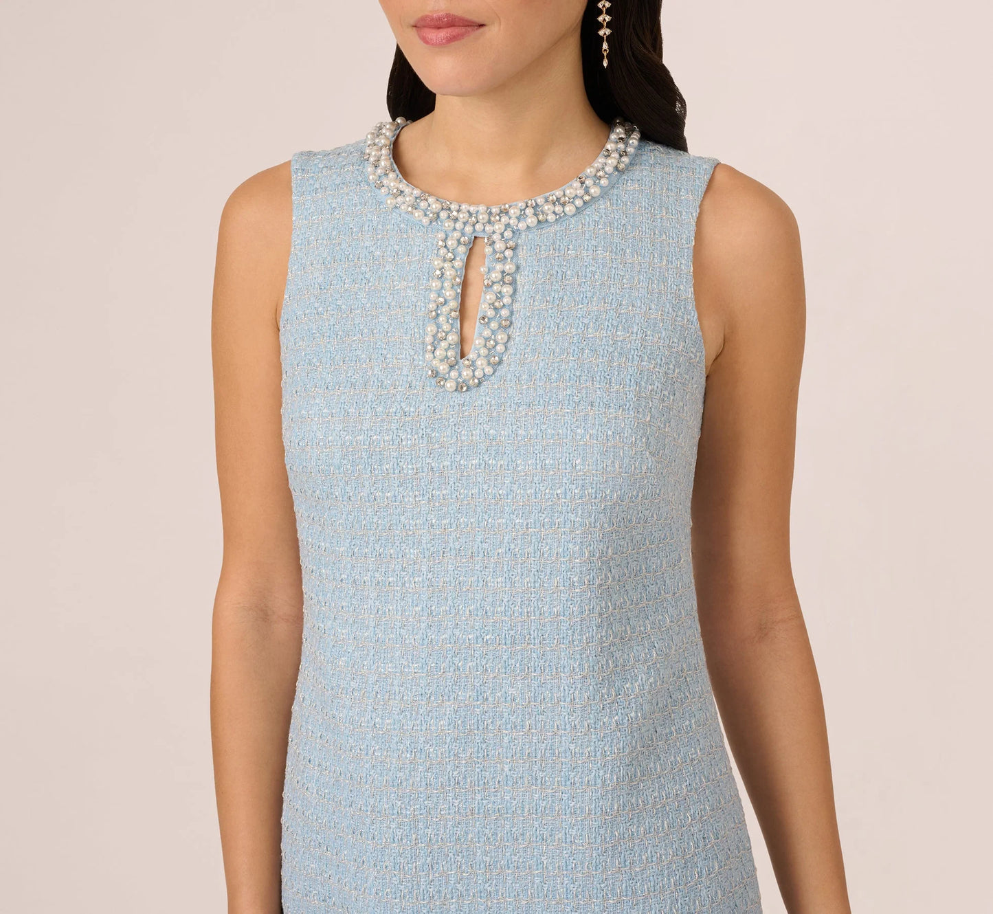 Sleeveless Tweed Beaded Keyhole Shift Dress In Light Blue