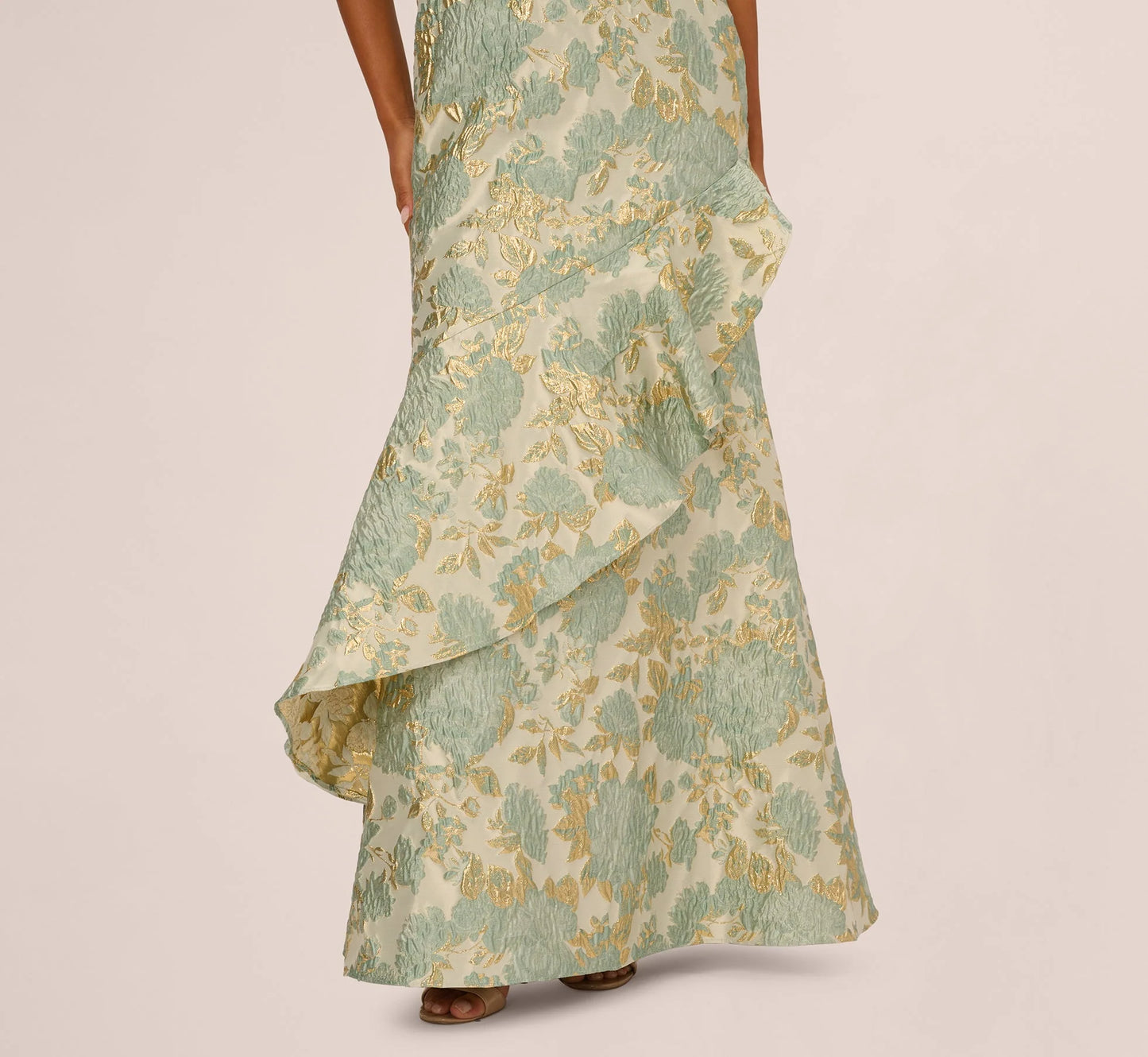 One Shoulder Beaded Metallic Floral Gown In Sage Multi