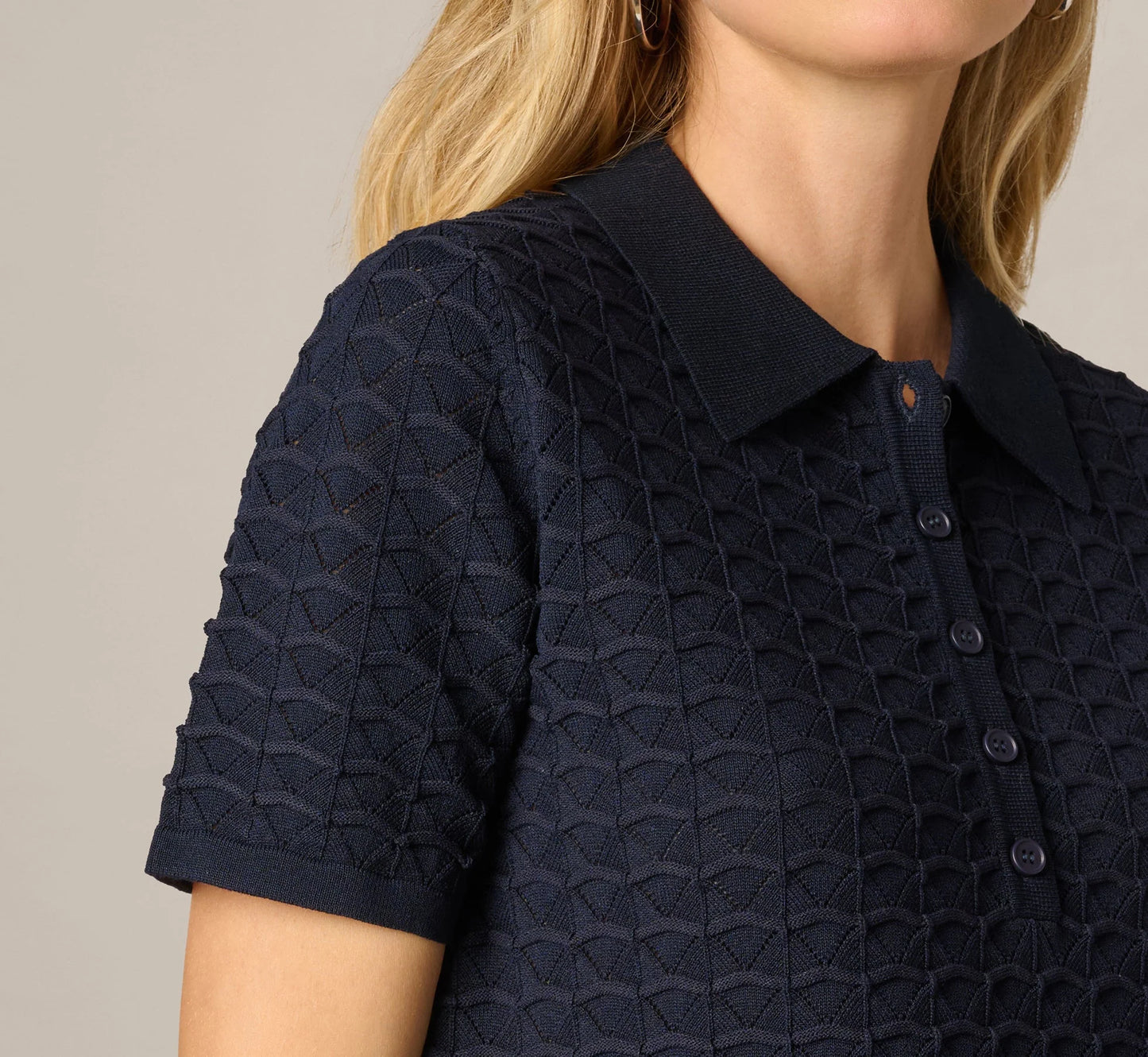 Short Sleeve Open Pointelle Polo Top In Blue Moon