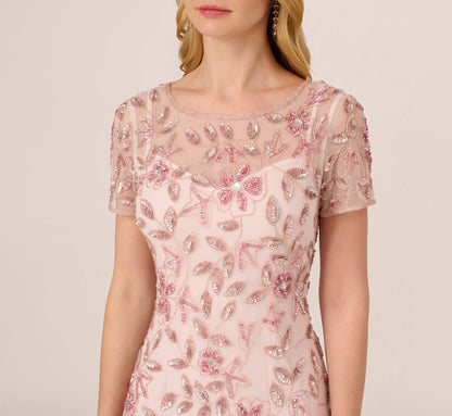 Hand Beaded Short Sleeve Floral Godet Gown In Blush Pink
