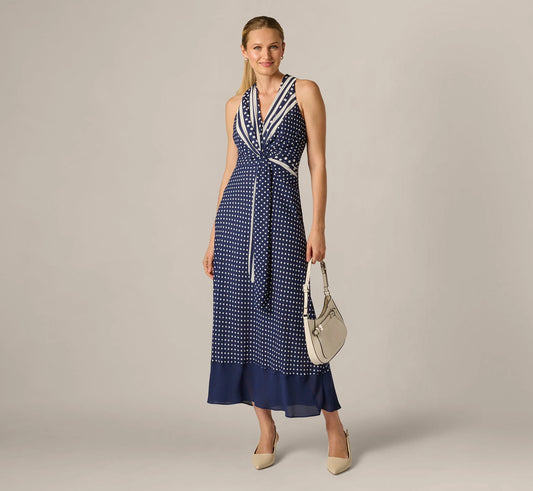 Dot Print Chiffon Halter Maxi Dress With Sash Waist In Navy Ivory