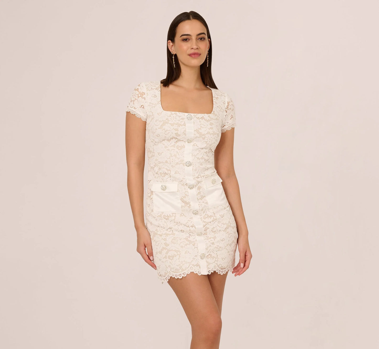 Cap Sleeve Rhinestone Button Lace Short Dress In Ivory