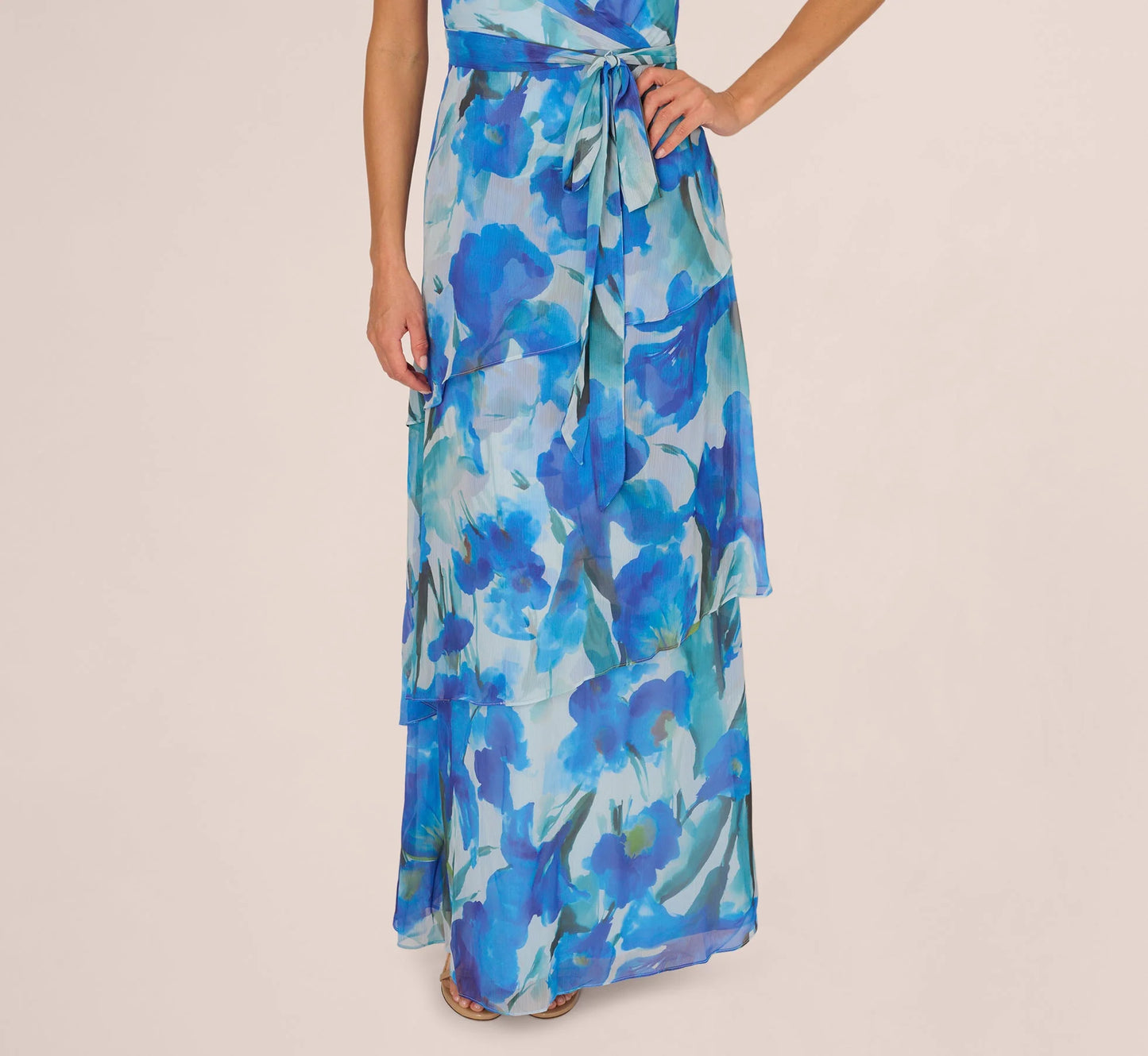 One Shoulder Tiered Floral Chiffon Gown In Blue Multi