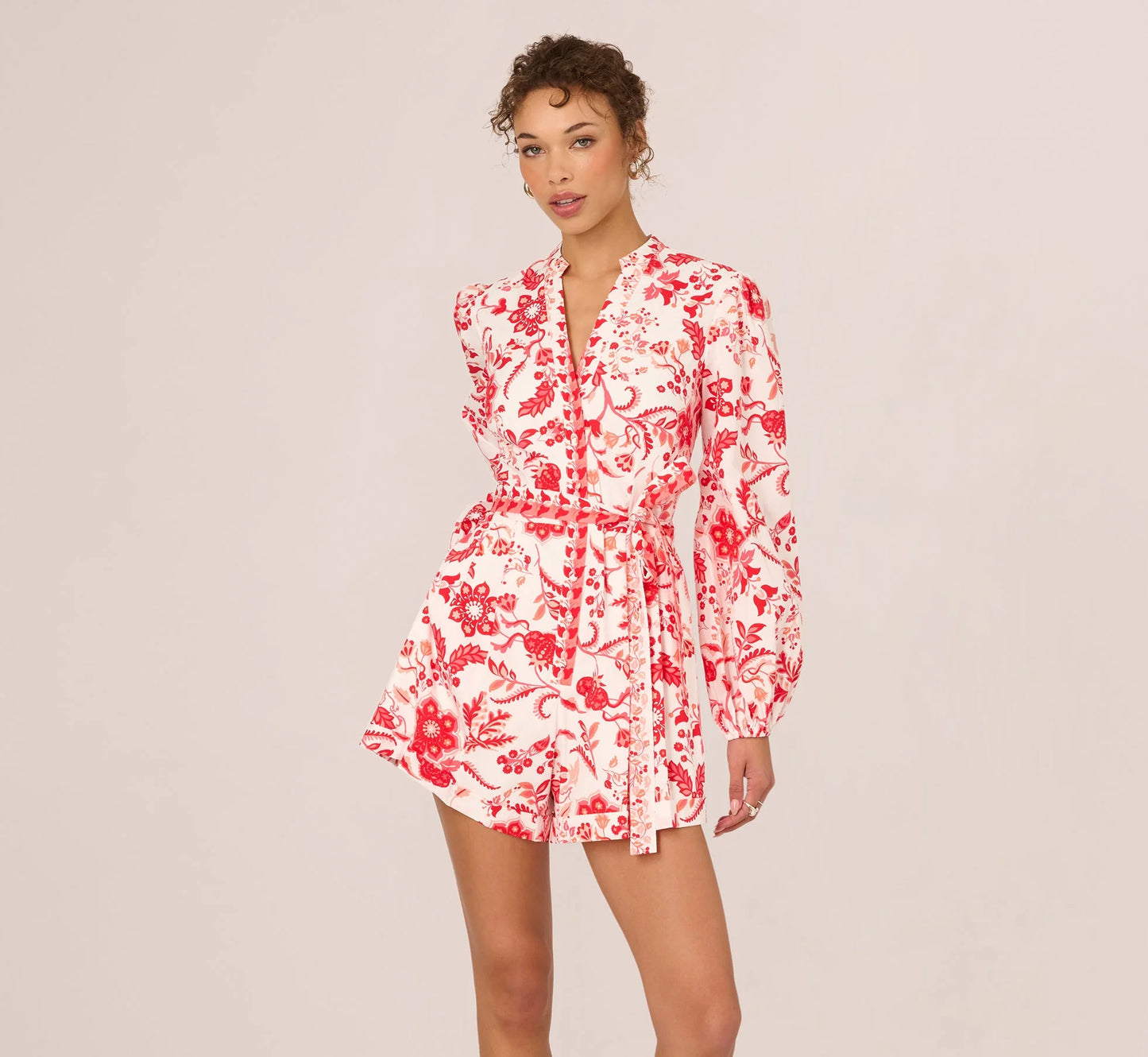 Long Sleeve Tie Front Floral Romper In White Coral Multi