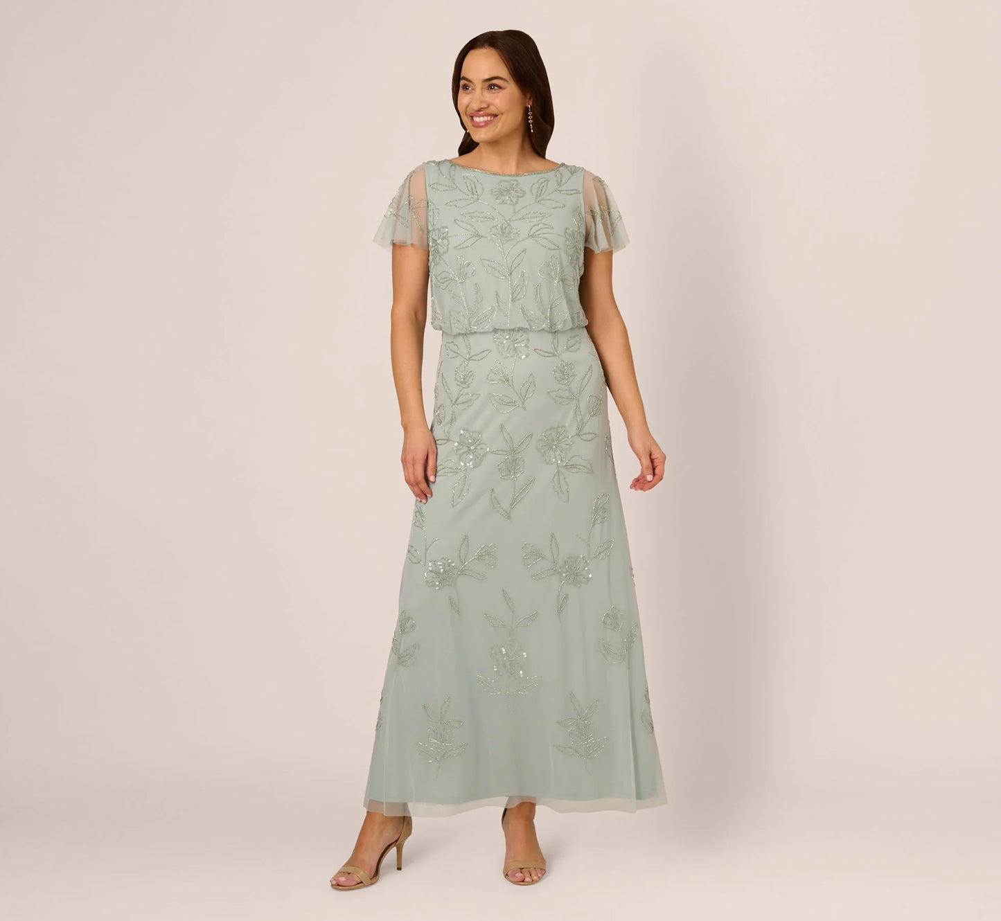 Plus Size Flutter Sleeve Floral Beaded Blouson Gown In Aqua Dust