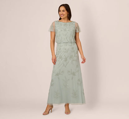 Plus Size Flutter Sleeve Floral Beaded Blouson Gown In Aqua Dust