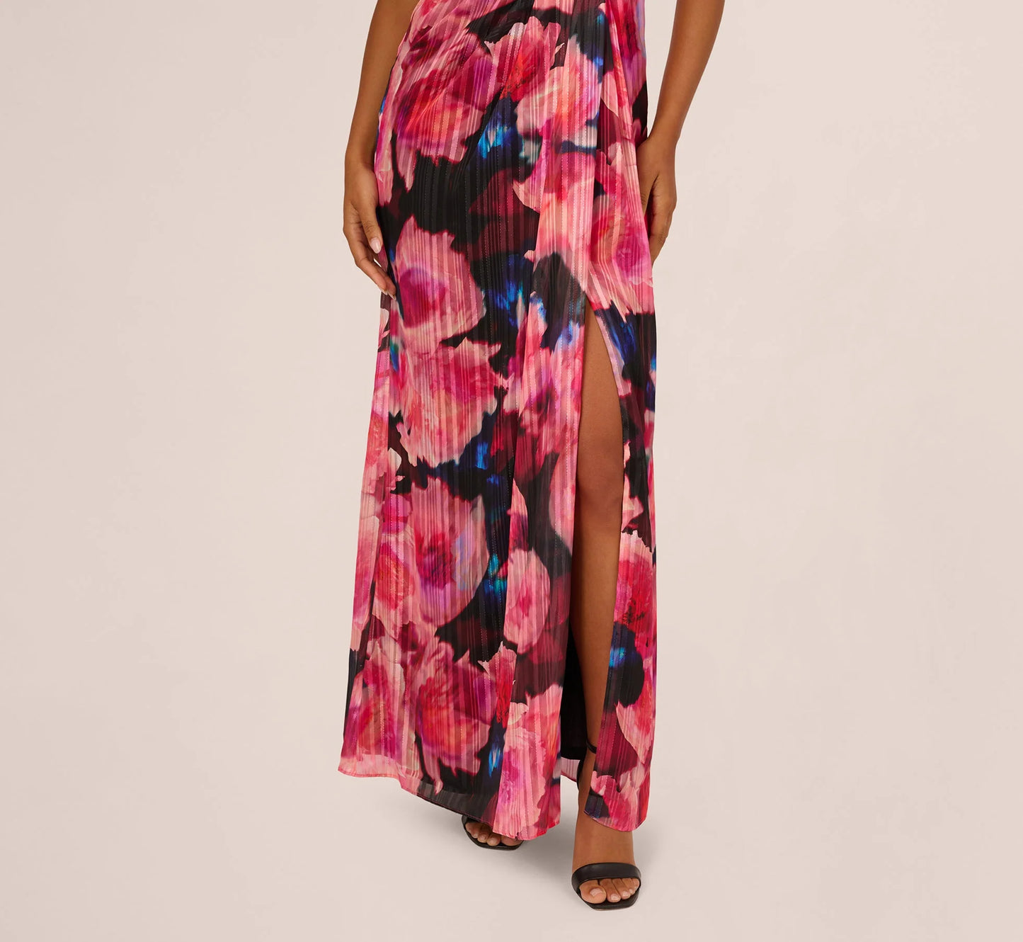 Floral Print Chiffon Gown With One Shoulder Neckline In Black Berry