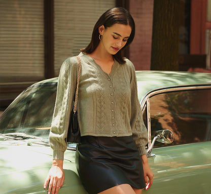 Long Sleeve Scalloped Pointelle Cardigan Sweater In Evergreen Fog
