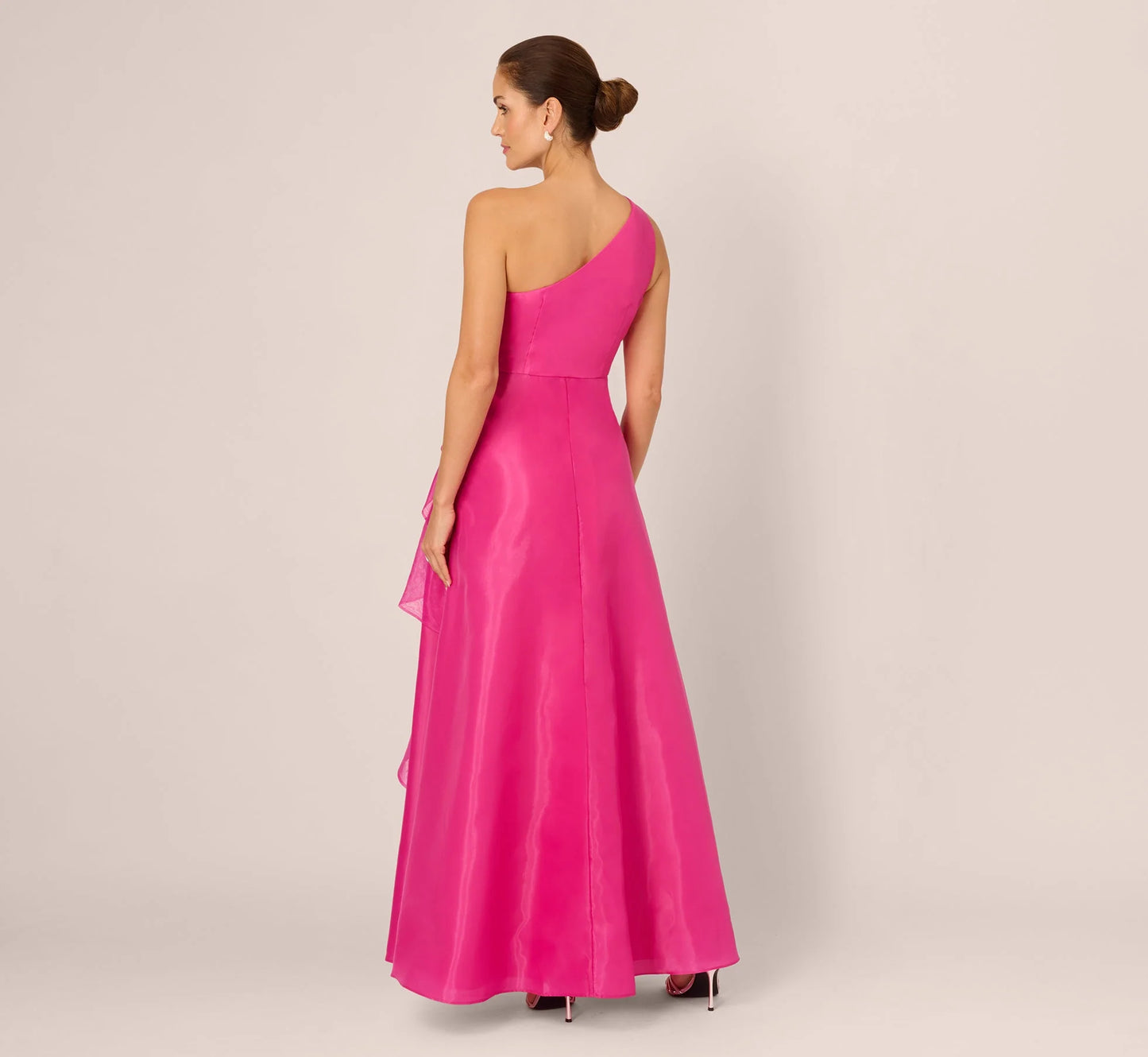 One Shoulder Tulle Cascade Gown In Lipstick
