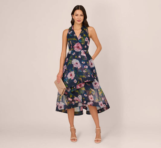 Floral Printed High Low Organza Halter Dress In Navy Multi