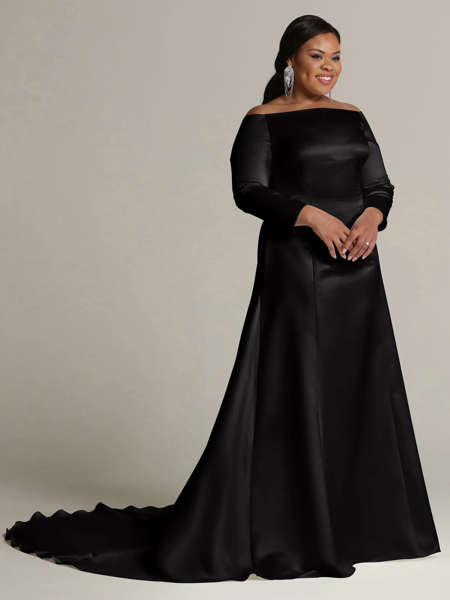SATIN FIT AND FLARE WEDDING DRESS WITH LONG SLEEVES