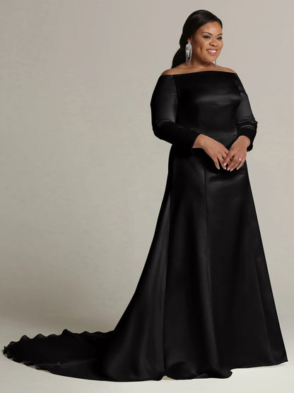 SATIN FIT AND FLARE WEDDING DRESS WITH LONG SLEEVES
