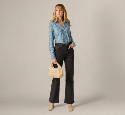 Long Sleeve Semisheer Burnout Floral Blouse In Stone Blue
