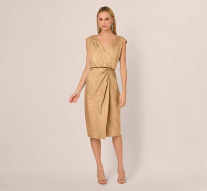 Foil Blouson Midi Dress With Faux Wrap Skirt In Light Gold