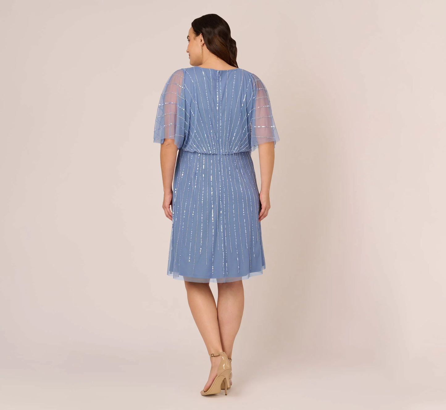 Plus Size Hand Beaded Illusion Faux Wrap Short Cocktail Dress In French Blue