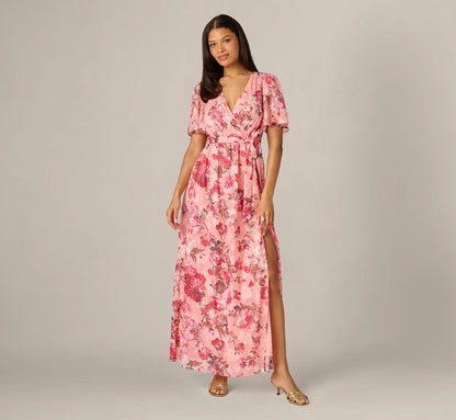 Flutter Sleeve Floral Print Embroidered Wrap Maxi Dress In Blush Multi