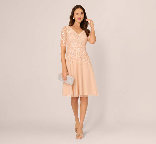 Short Sleeve Sequin Bead Midi Dress In Blush