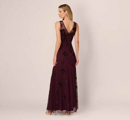 Sleeveless Velvet Beaded Floral Gown In Night Plum