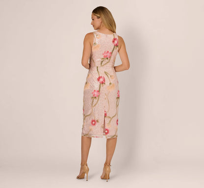 Sequin Floral Midi Sheath Dress In Silver Blush Multi