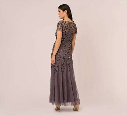 Hand Beaded Short Sleeve Floral Godet Gown In Moonscape