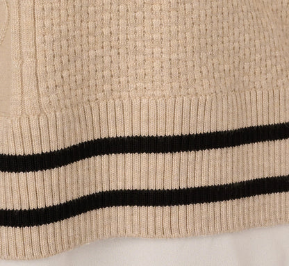 Long Sleeve Tie Neck Sweater Vest Twofer Top In Neutral Black