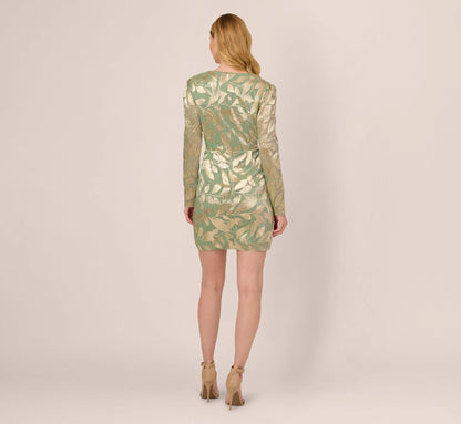 Long Sleeve Foil Short Wrap Dress In Sage Gold