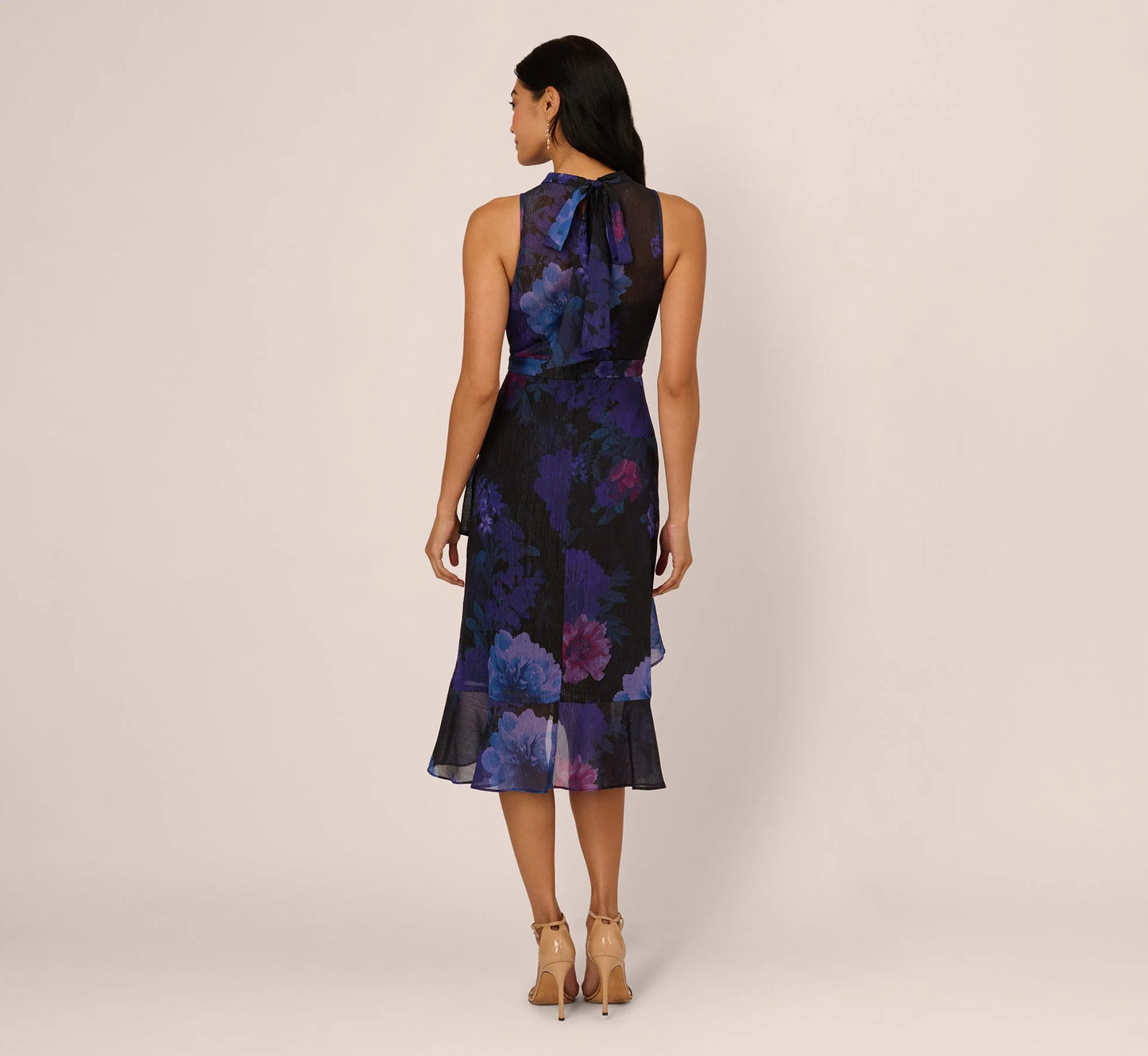 Sleeveless Glitter Floral Ruffle Midi Dress In Black Multi